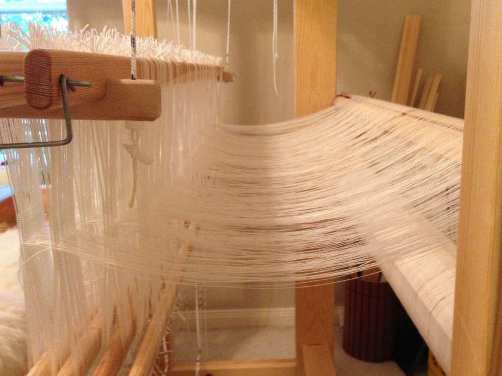 Loom threaded for Swedish lace curtains