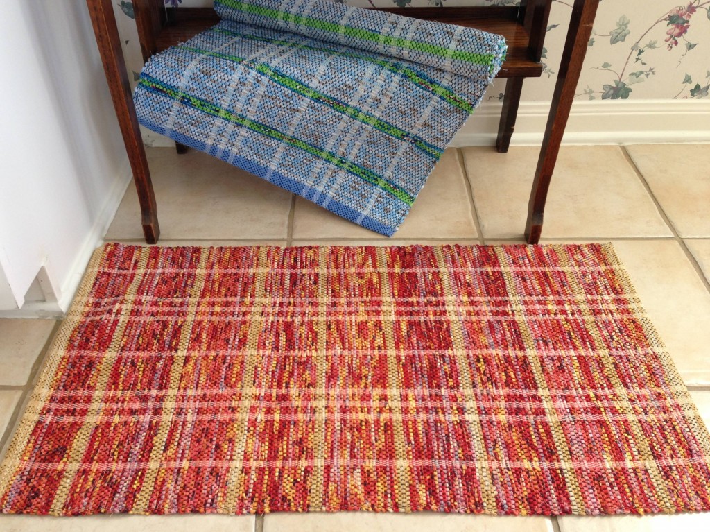 Lime Green and Blue Stripe & Red Flame rag rugs
