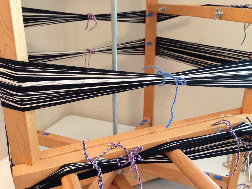 Rag rug warp for Glimakra Ideal loom. Read about simple solution to eliminate guide string.
