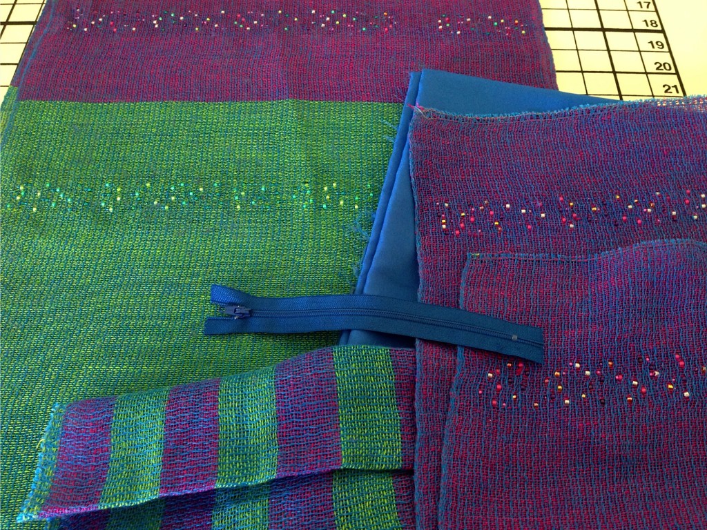 Creating bags with handwoven linen, with beads woven in.