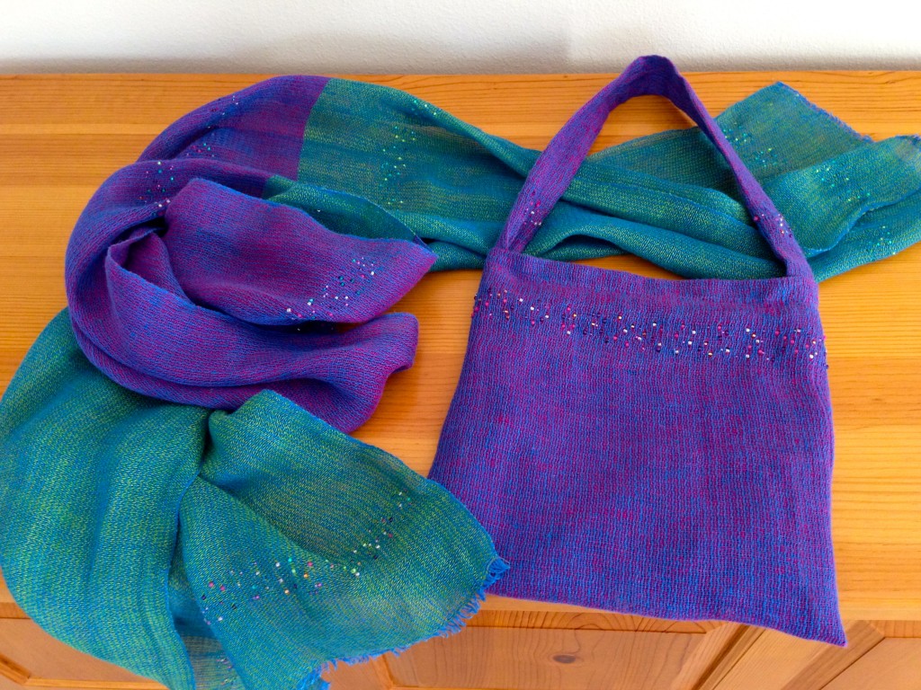 Handwoven linen and beads fancy bag and iridescent wrap.