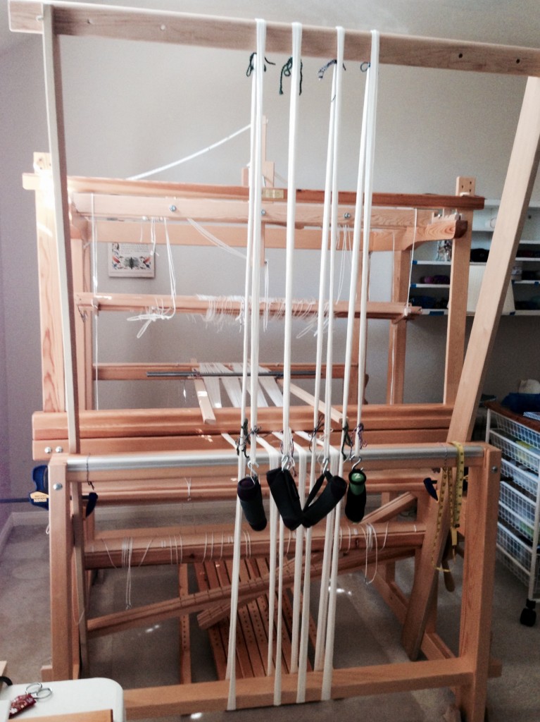 Warping trapeze set up for beaming the warp.