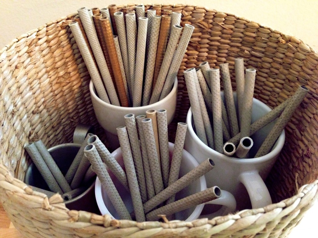 Basket with mugs keep quills organized.