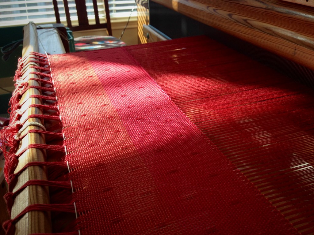 Weft color auditions on coral bamboo warp. Karen Isenhower