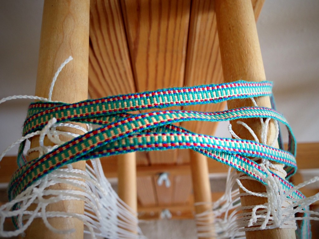 Glimakra band loom, weaving hanging tabs to match handwoven towels. Karen Isenhower