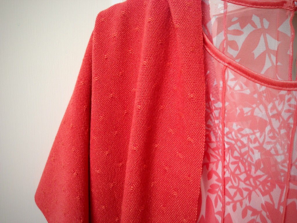 Finished handwoven coral bamboo huck lace shawl. Karen Isenhower