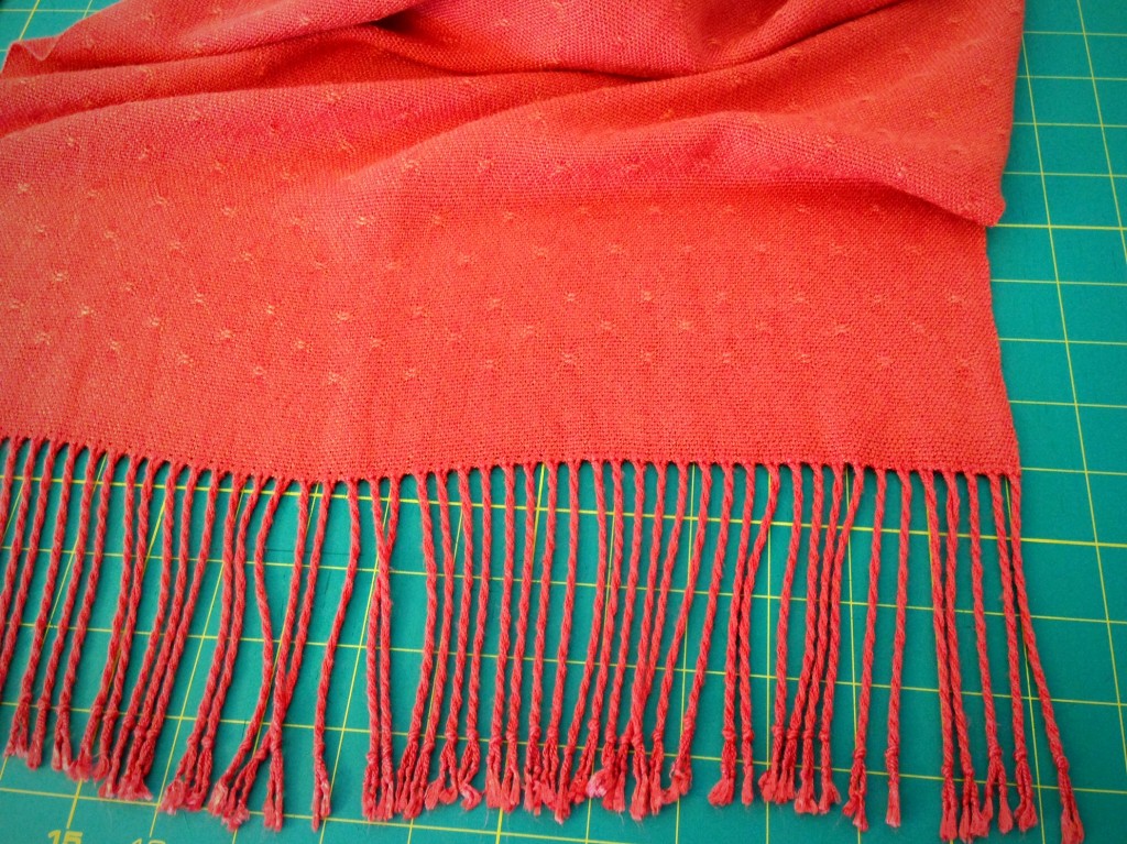 Bamboo Shawl, ready to trim edges of fringe. Explanation about twisting fringe.