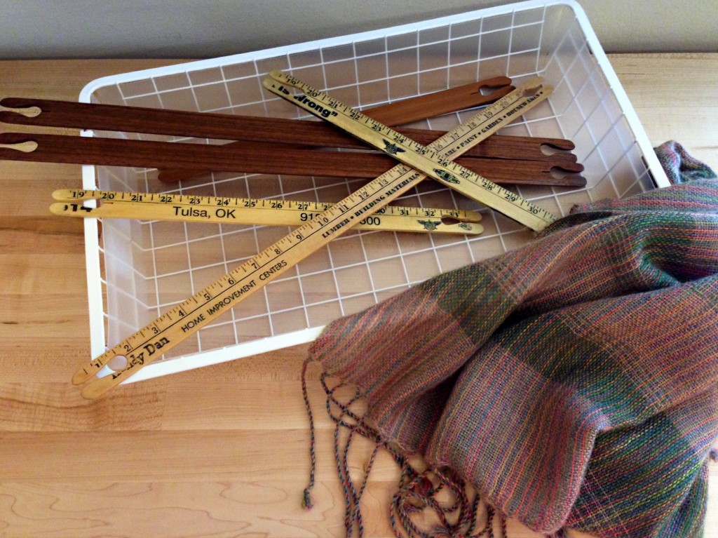Hand-crafted walnut stick shuttles for rigid heddle loom. Mohair/silk/alpaca shawl.