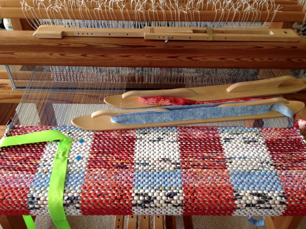 Autumn Clouds rag rug on the loom. Karen Isenhower