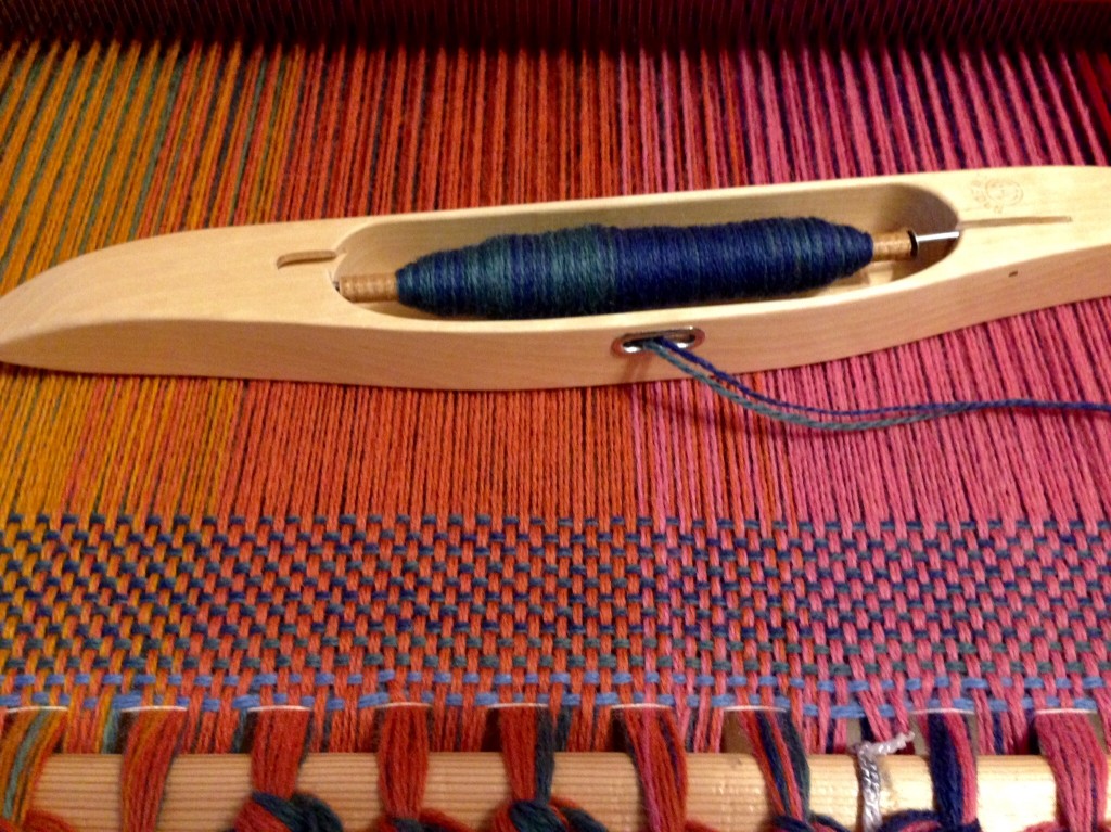 First few inches of double-width wool blanket on the loom.