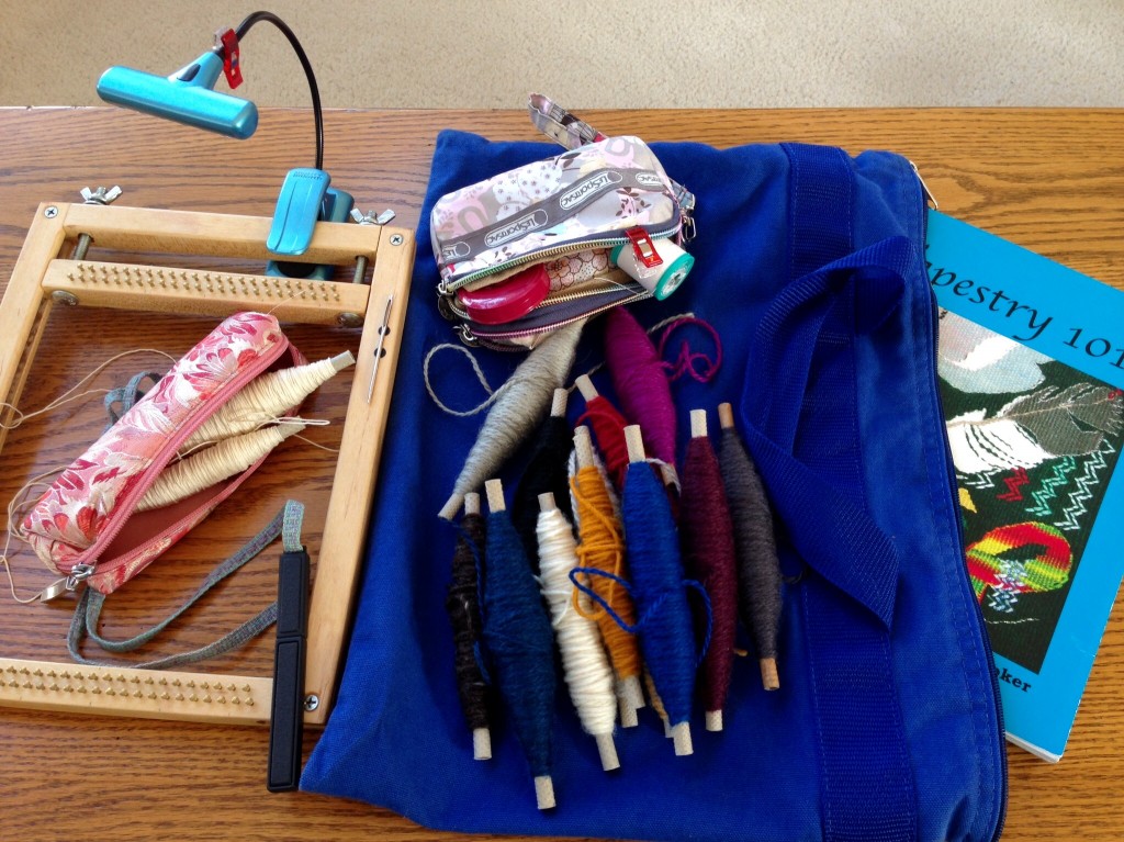 Traveling with portable tapestry loom.