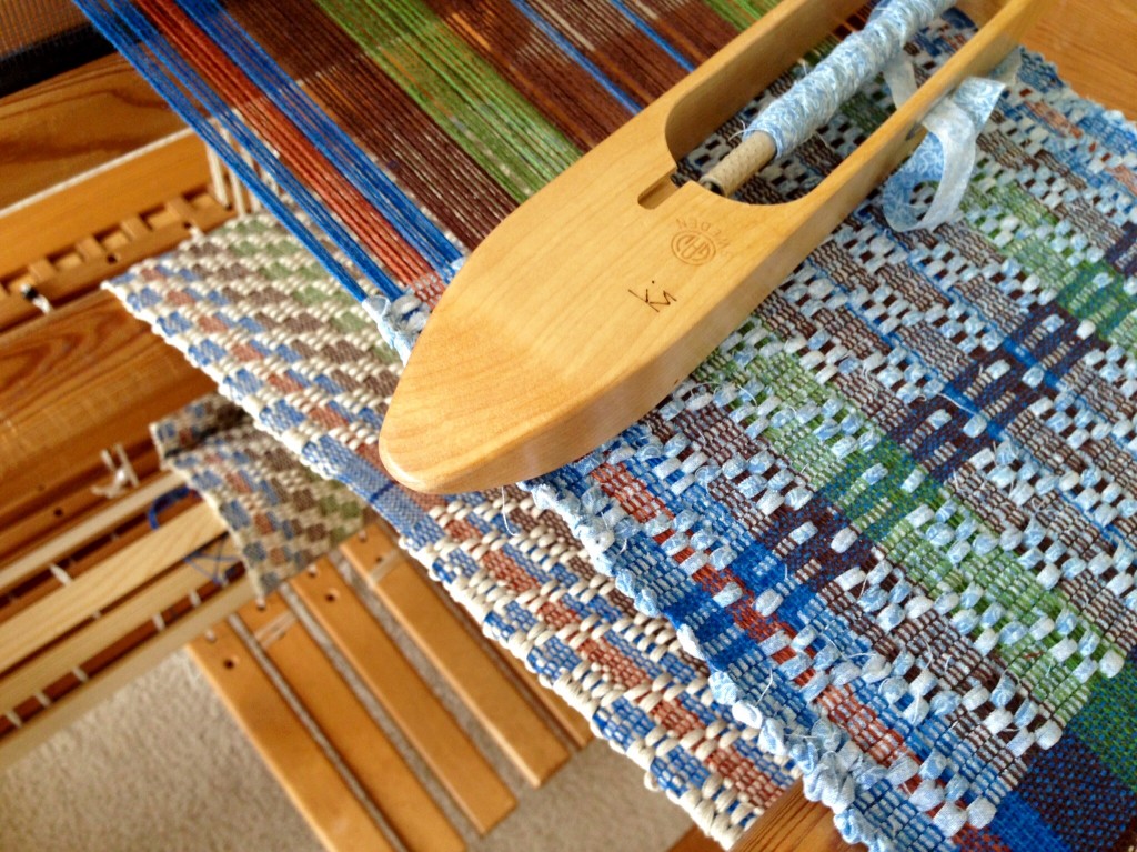 Rag weave table runner on the loom. Karen Isenhower