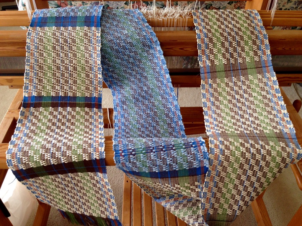 M's and O's pot holders and table runner cut from the loom.
