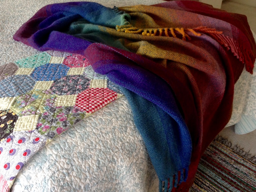 Richly colored handwoven double width wool blanket. Karen Isenhower