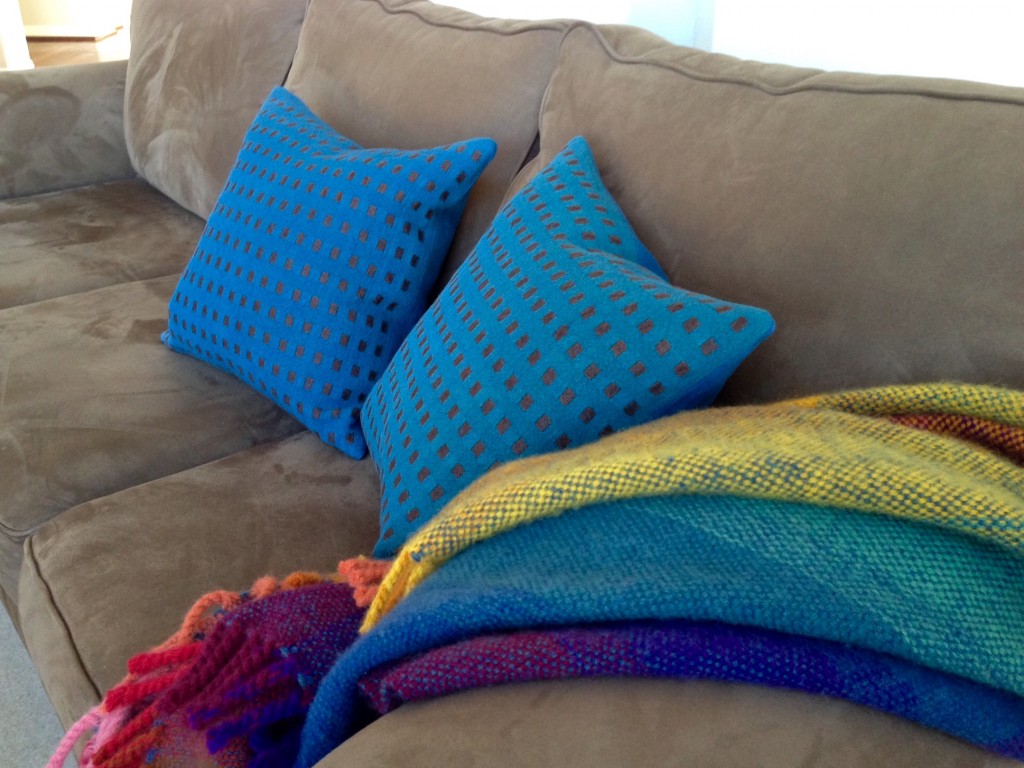 Handwoven linen dice weave down-filled pillows. Karen Isenhower