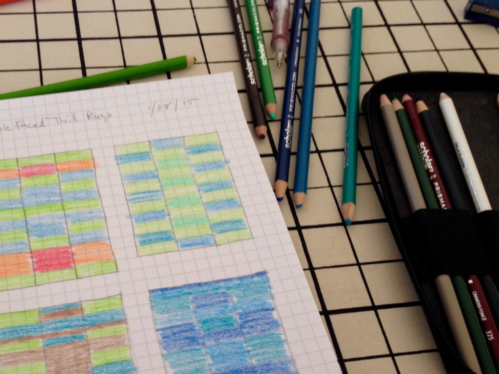 Graph paper and colored pencils for rag rug design ideas.