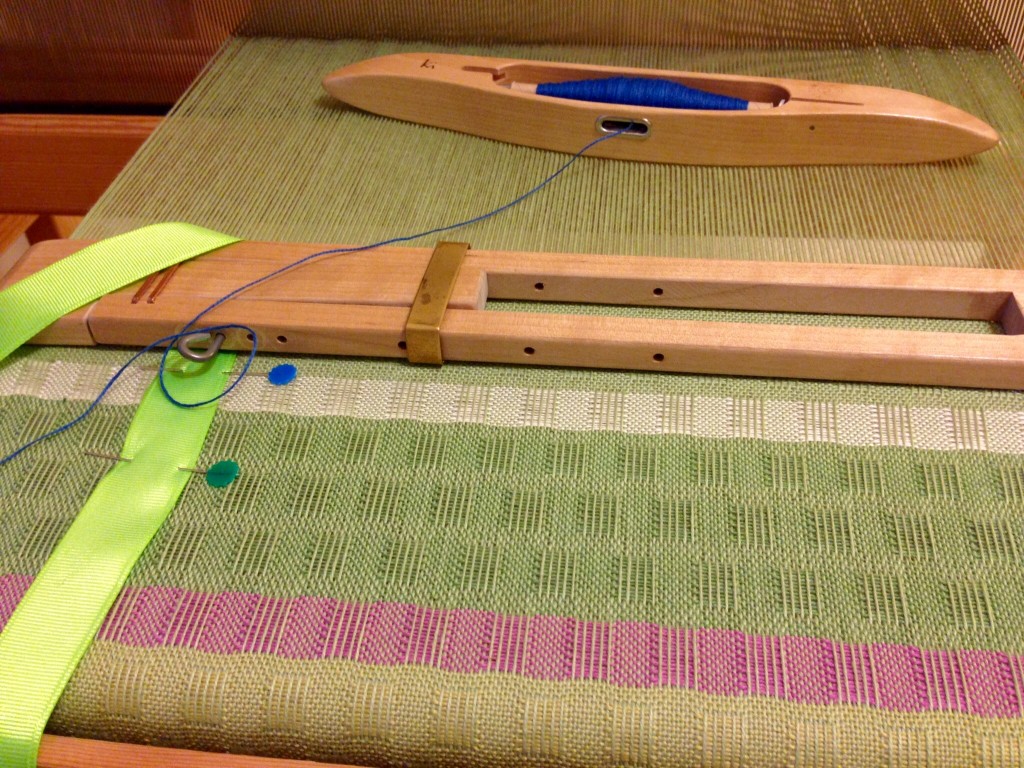 Cotton puckered scarf on the loom. Springtime colors!