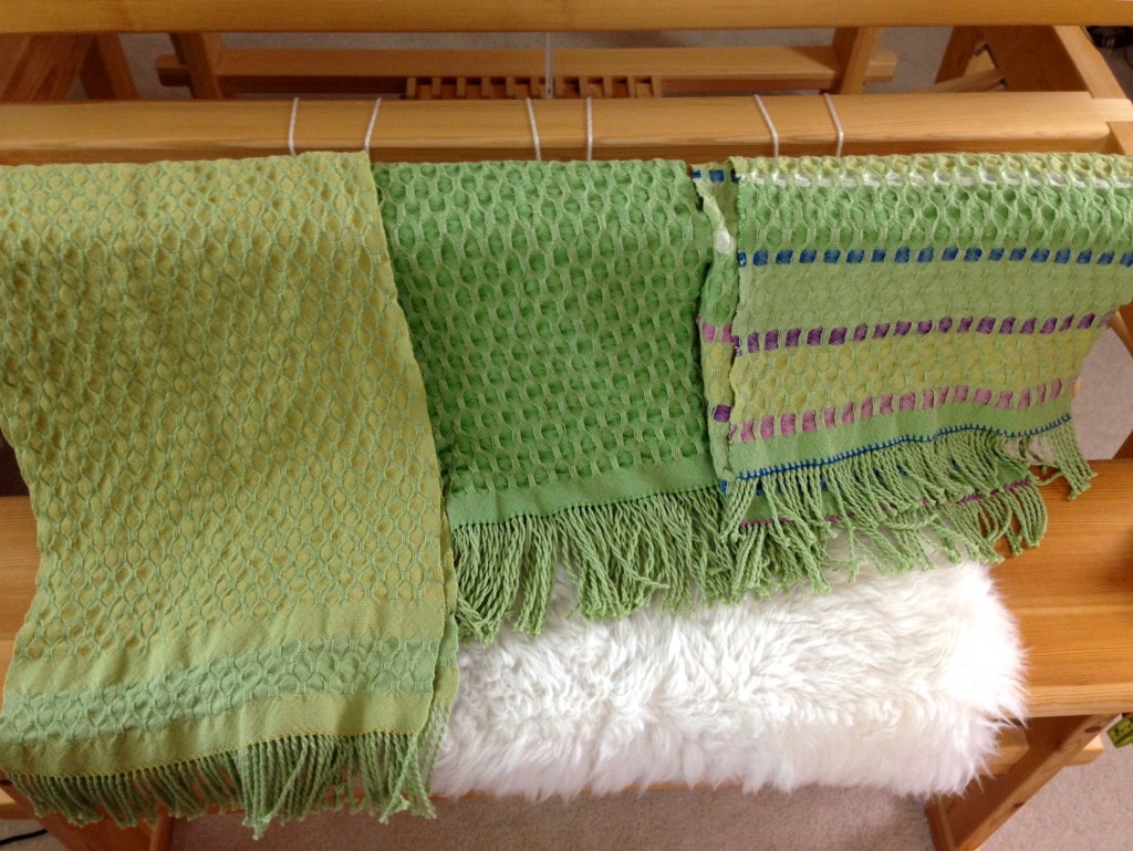 Three cotton lace weave scarves, and fringe twisting video. Karen Isenhower