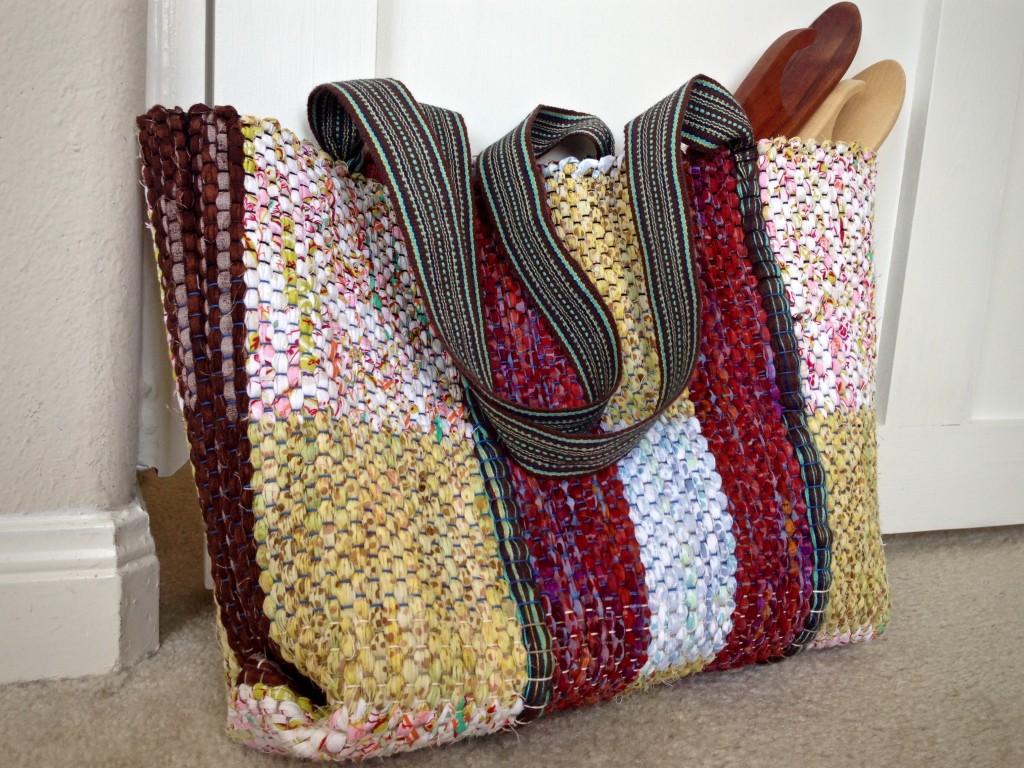 Rag rug bag with woven handles. Karen Isenhower