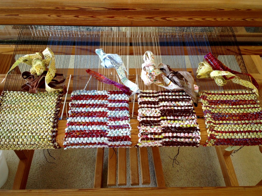 Four mini rag rugs on the loom. Draw in was a problem.