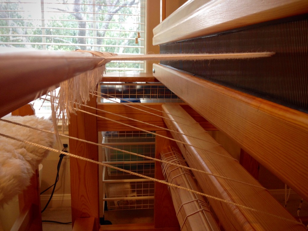 New cottolin warp, set up for halvdräll table squares.