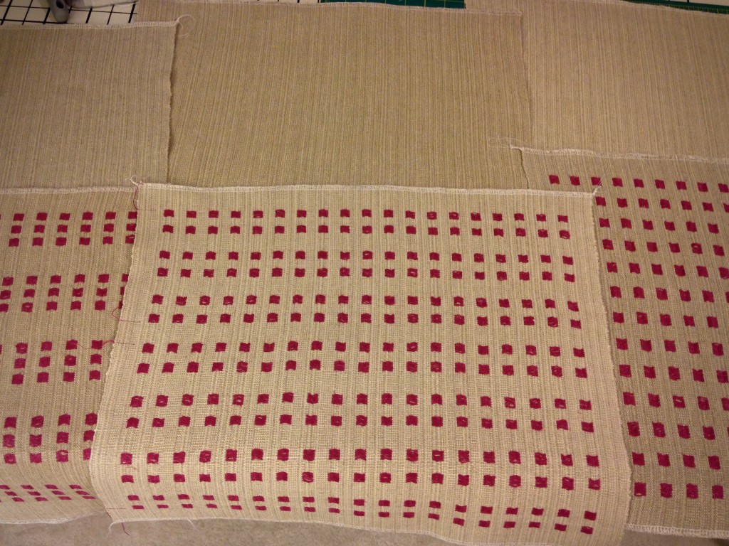 Assembling handwoven linen pillows.