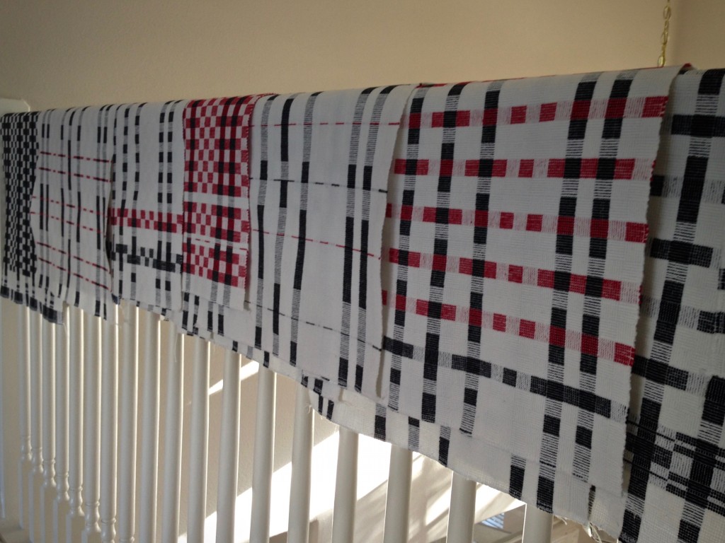 Black and white and a little red. Handwoven towels.