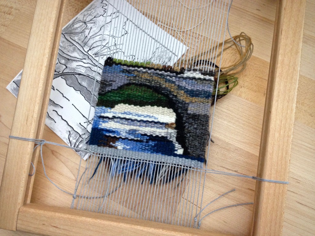 Small tapestry in progress, "Bridge." Karen Isenhower