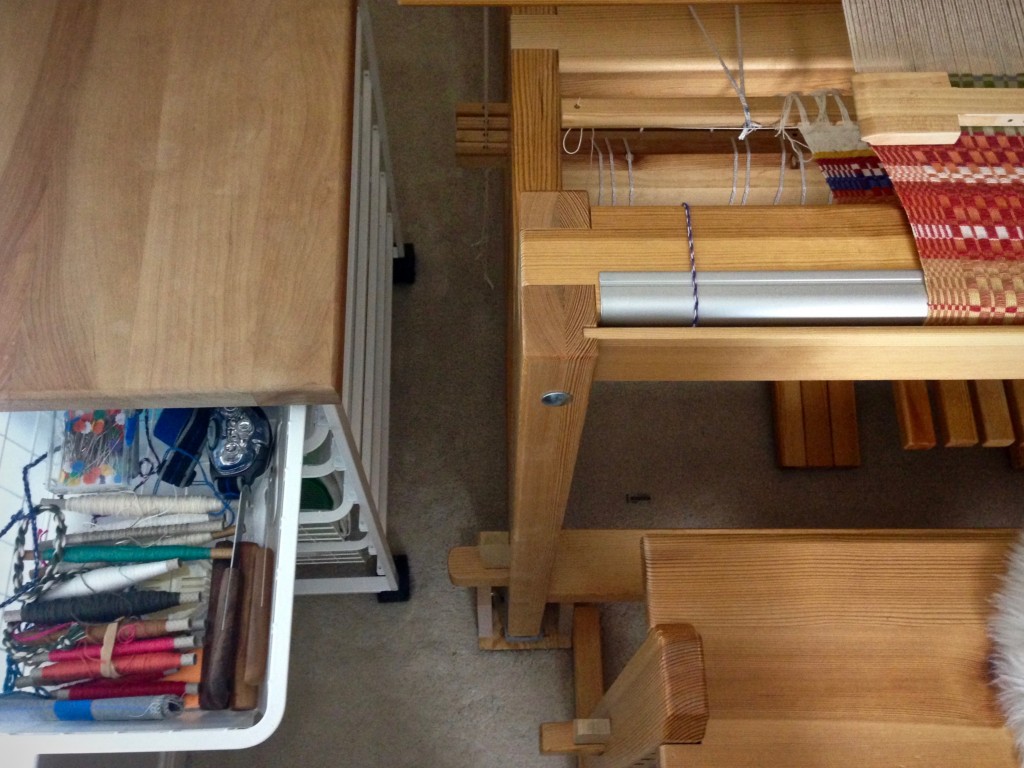 Elfa drawer system with casters for loom-side assistant.