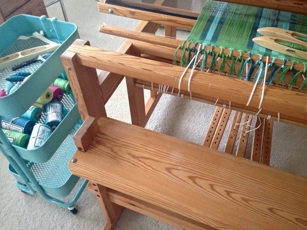 IKEA utility cart as loom-side assistant.