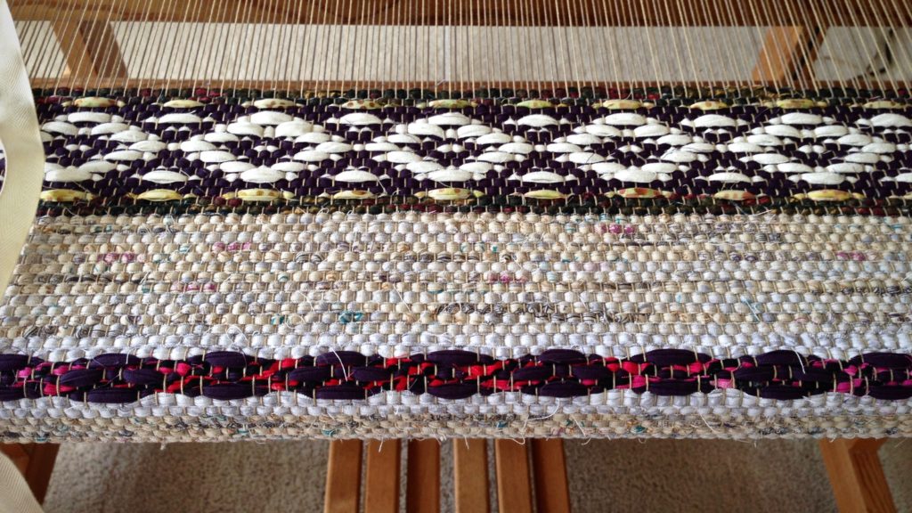 Rosepath rag rug on the loom. Karen Isenhower