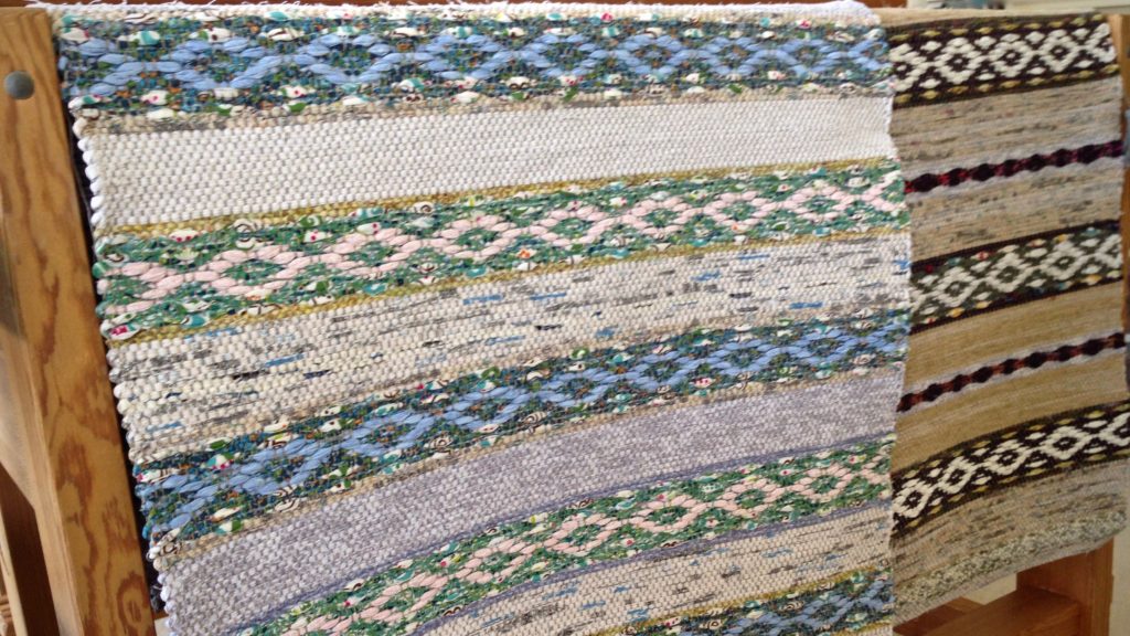 Two rosepath rag rugs just off the loom. Karen Isenhower