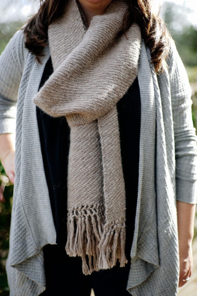 Handwoven undulating twill alpaca scarf.