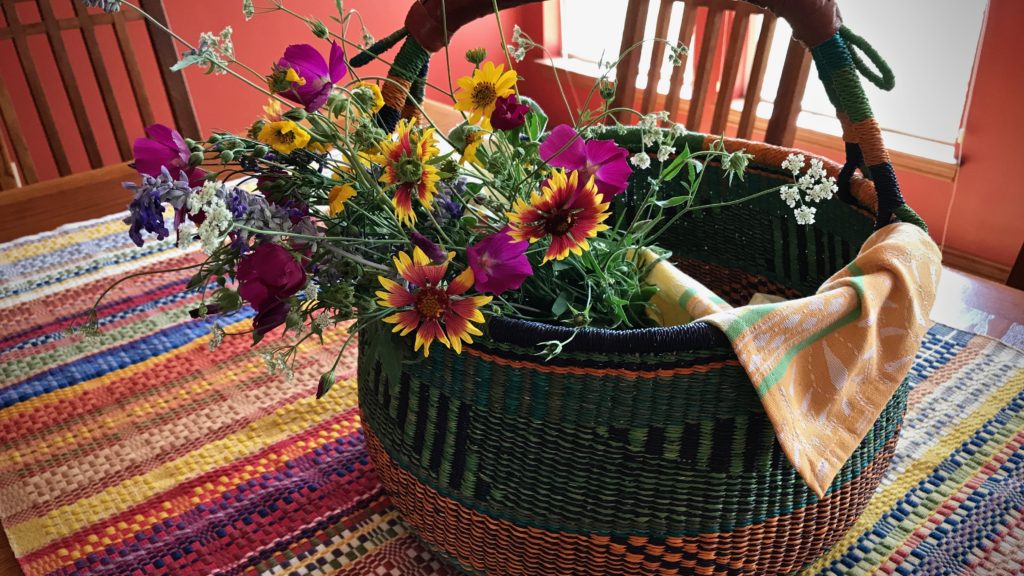 Texas wild flower bouquet. Monksbelt cloth on the table.