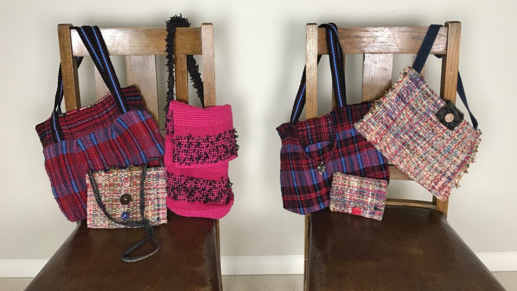 Handbags from fabric woven on a rigid heddle loom.