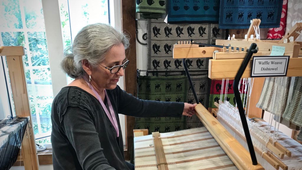 Glimakra Julia loom. Drawloom towels hanging on wall. Homestead in Waco.