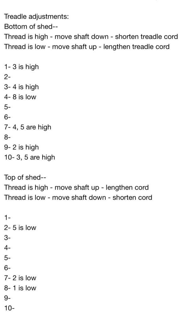 Note on iPhone for making countermarch treadle adjustments.