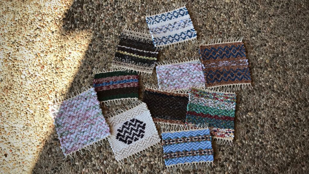 Finished handwoven rag rug hot pads.