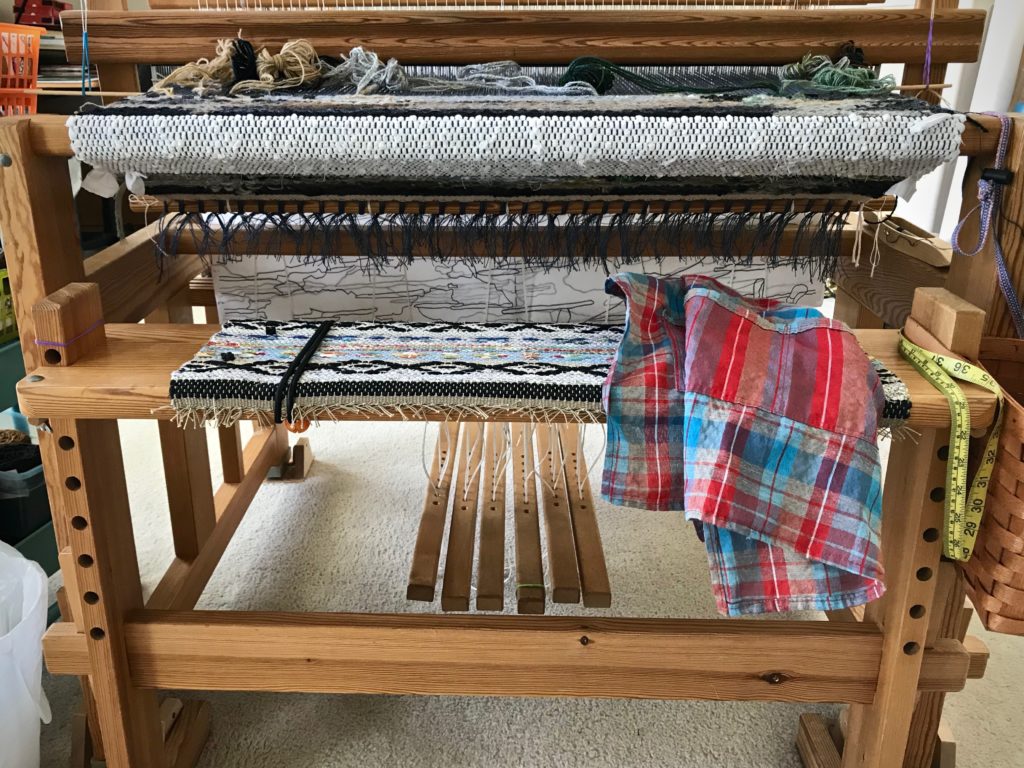 Weaving apron is used to protect fabric on the loom and on the weaver.