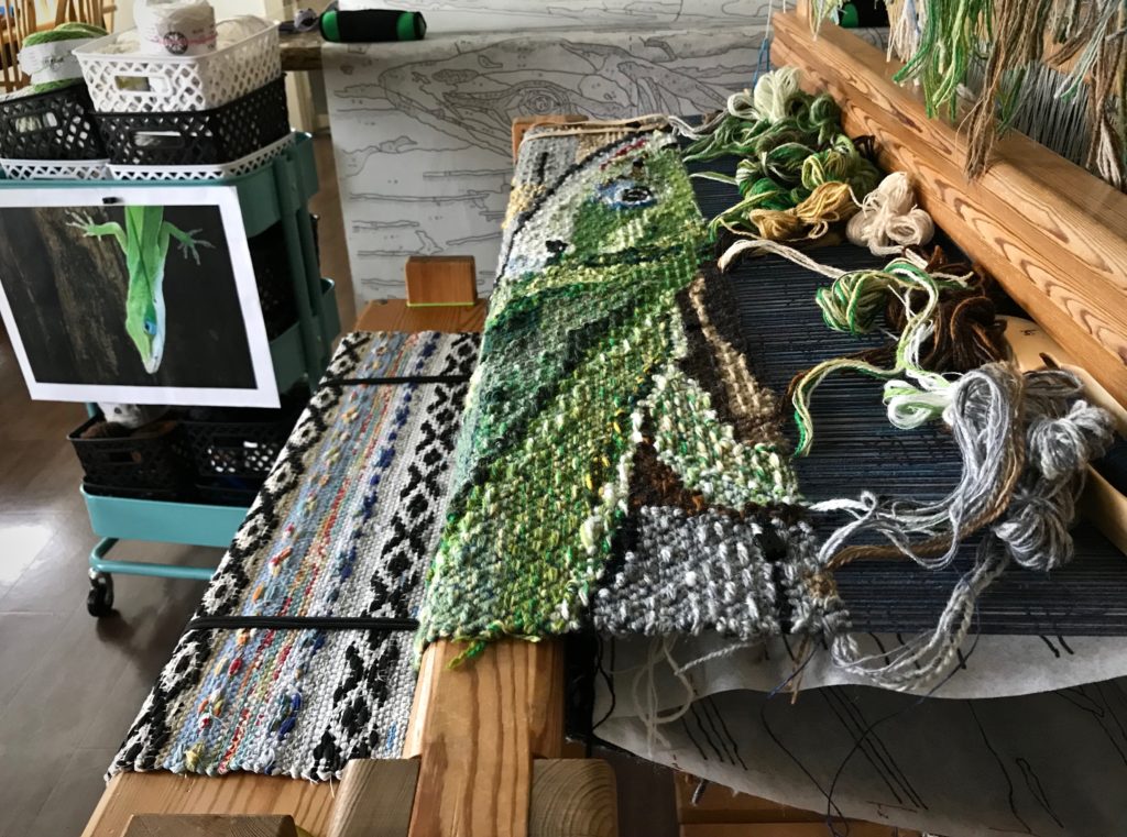 Lizard tapestry in progress. Glimakra Ideal loom.