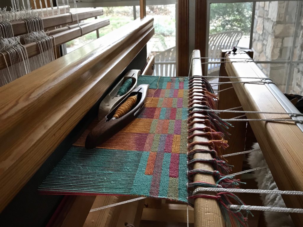 Double-weave towels on twelve shafts. Beginning sample.