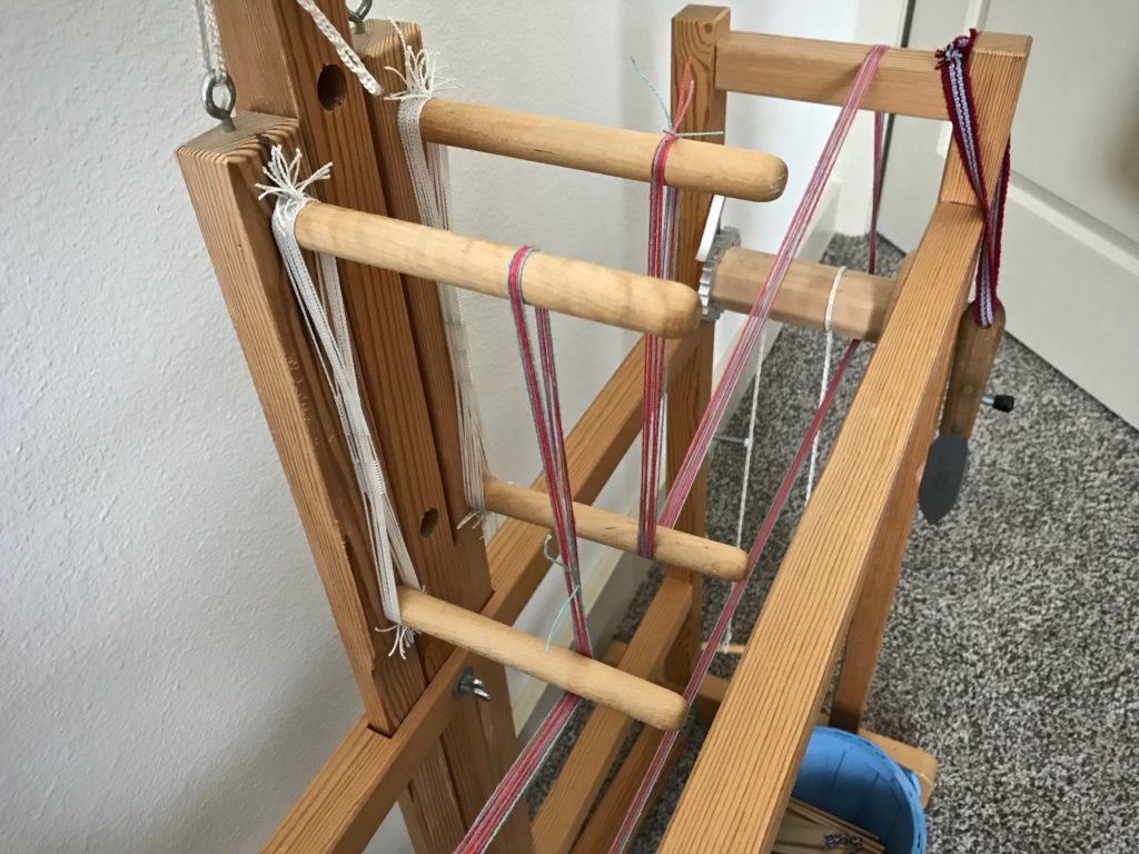 Using the Glimakra band loom as a warping board.