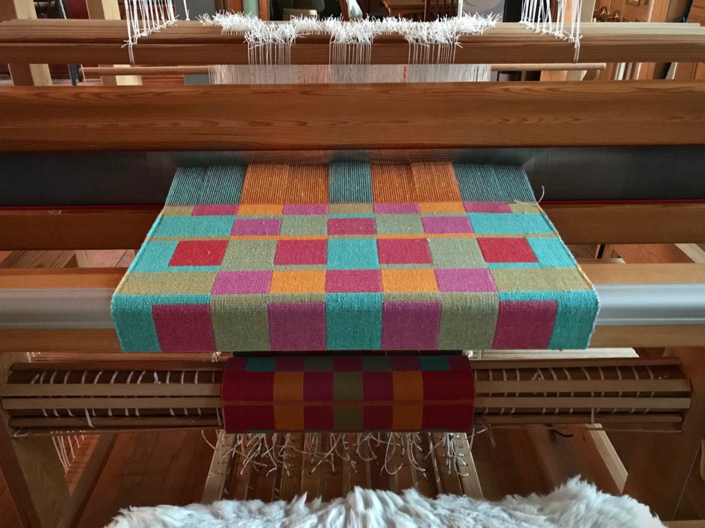 Double weave cottolin towels on the loom. Karen Isenhower