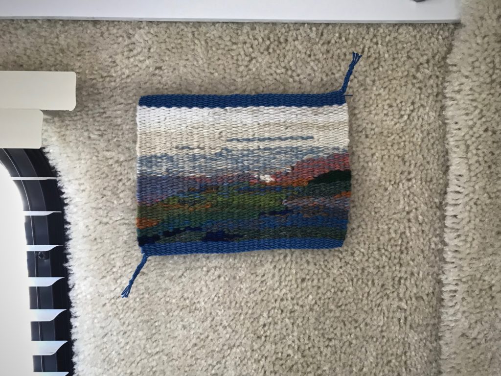 Small tapestry with finished and braided edges.