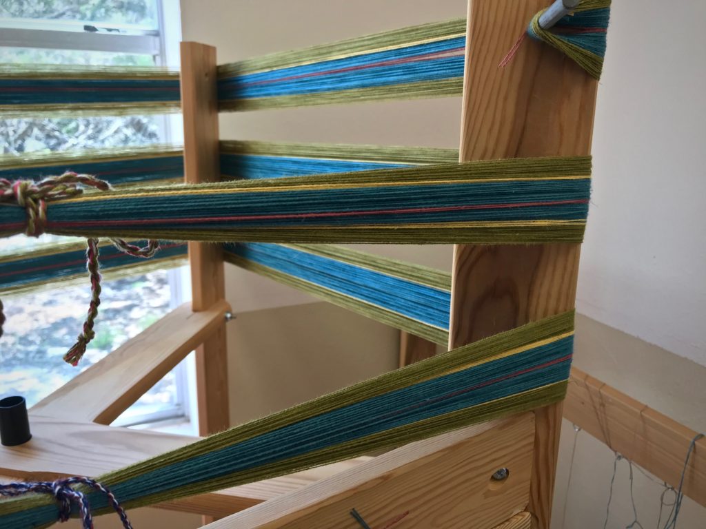 Making a warp for handwoven bath towels. Cottolin.