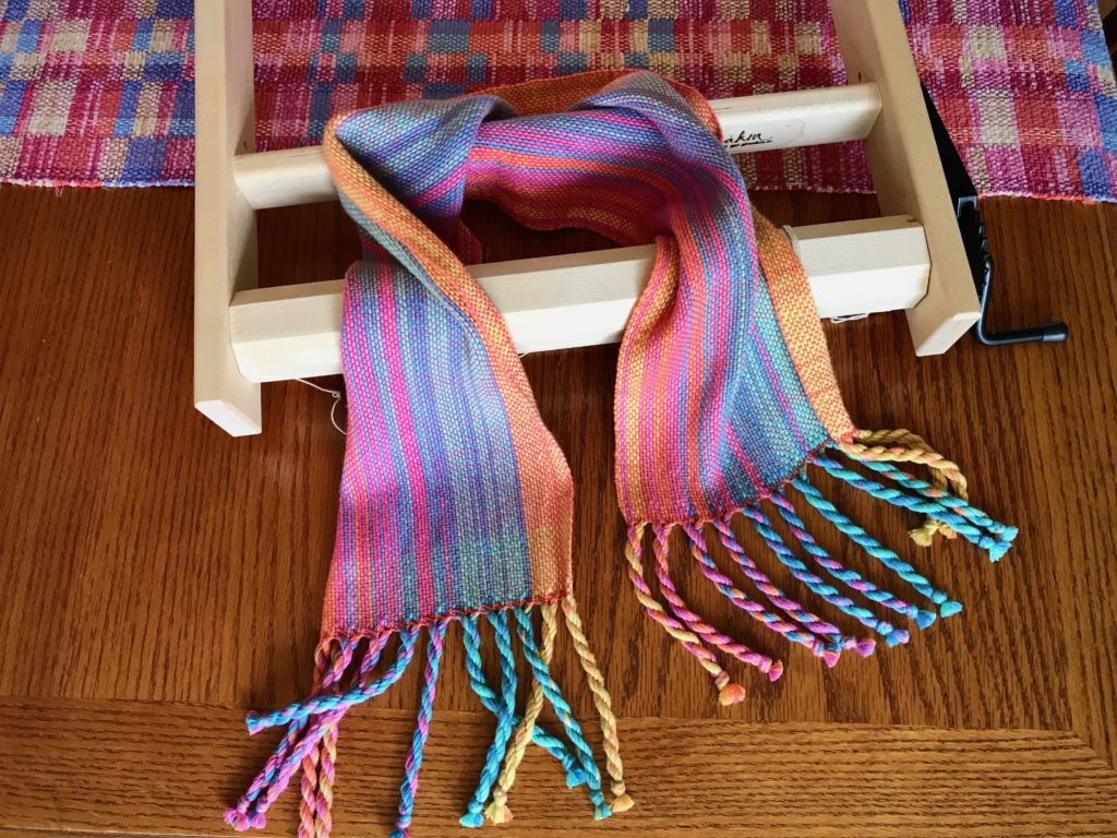 Rigid heddle scarf made with sock yarn.