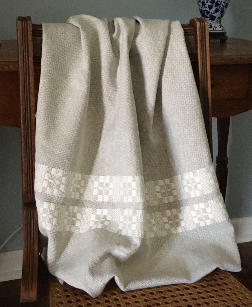 Monksbelt apron fabric woven at Homestead Fiber Crafts.